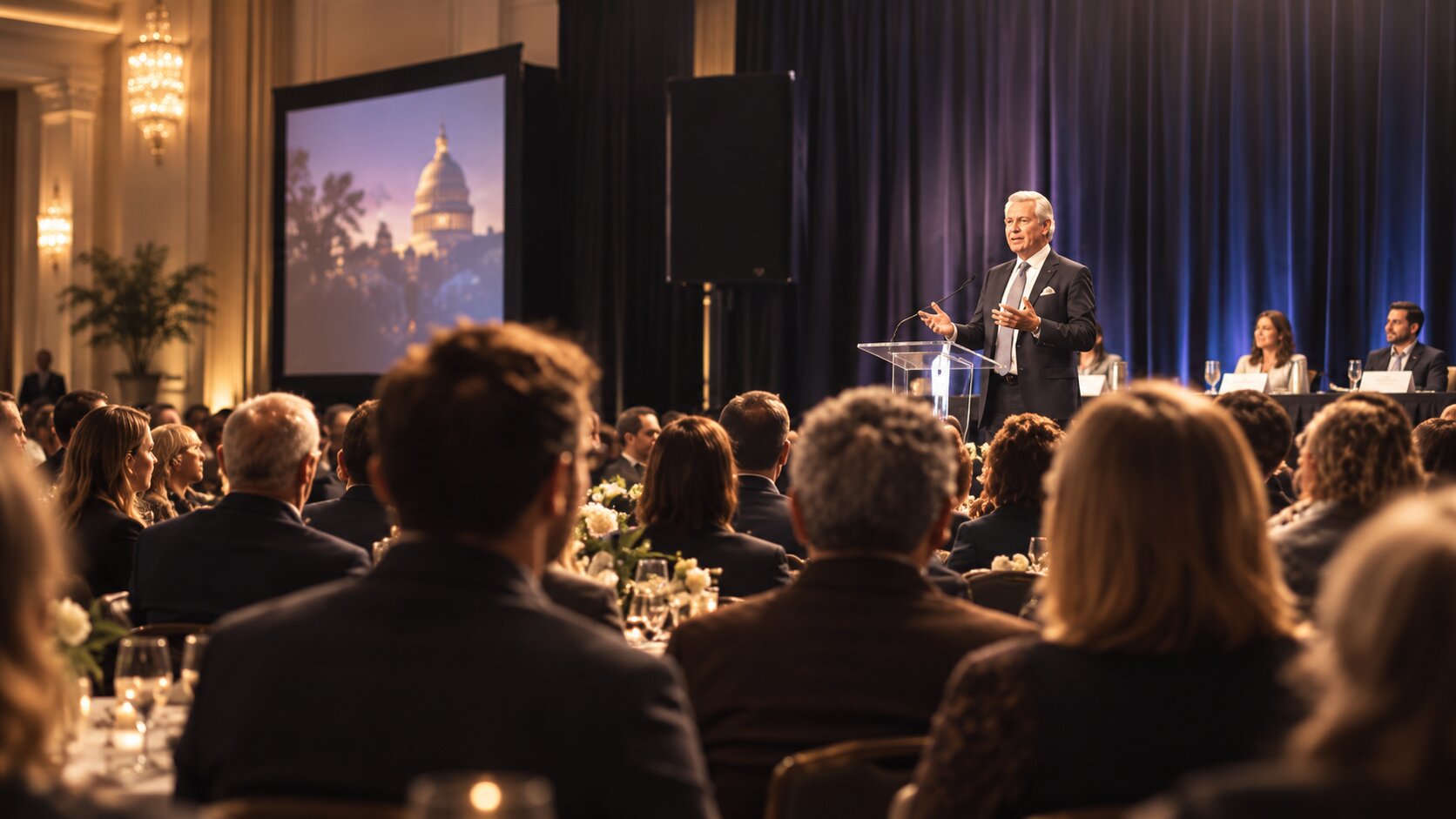 Keynote speaker addressing a formal audience from the stage