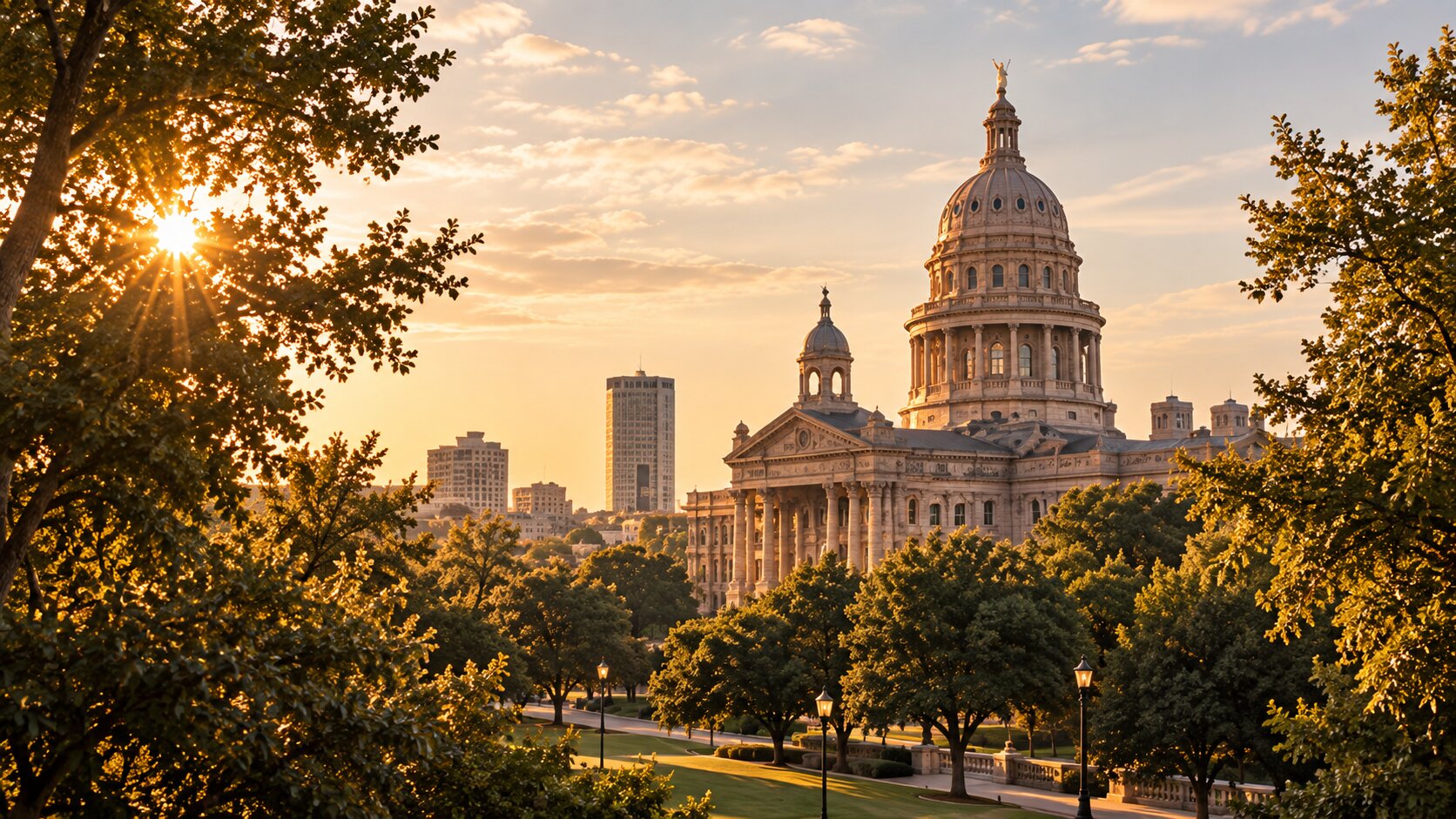 Texas State Capitol at golden hour among trees